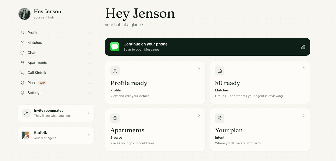Kinfolk dashboard — your rent hub at a glance