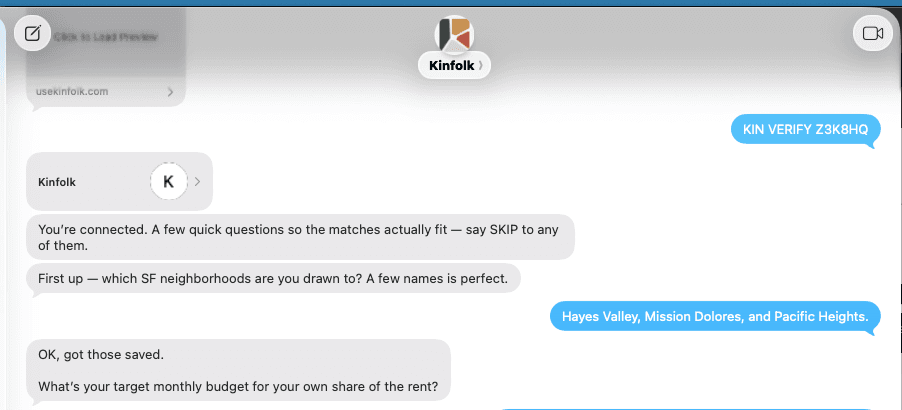 iMessage — Kinfolk asks your neighborhoods and budget
