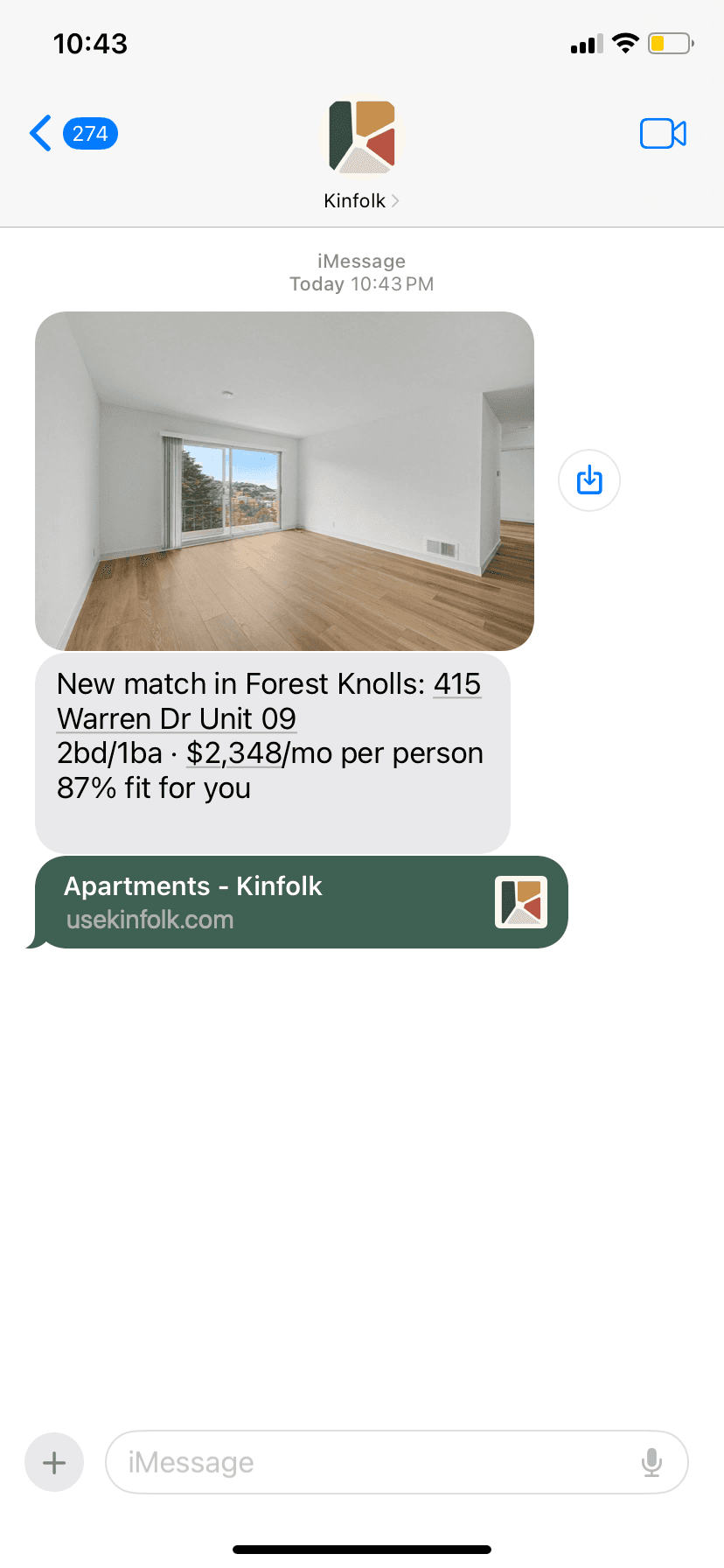 iMessage — new apartment match in Forest Knolls