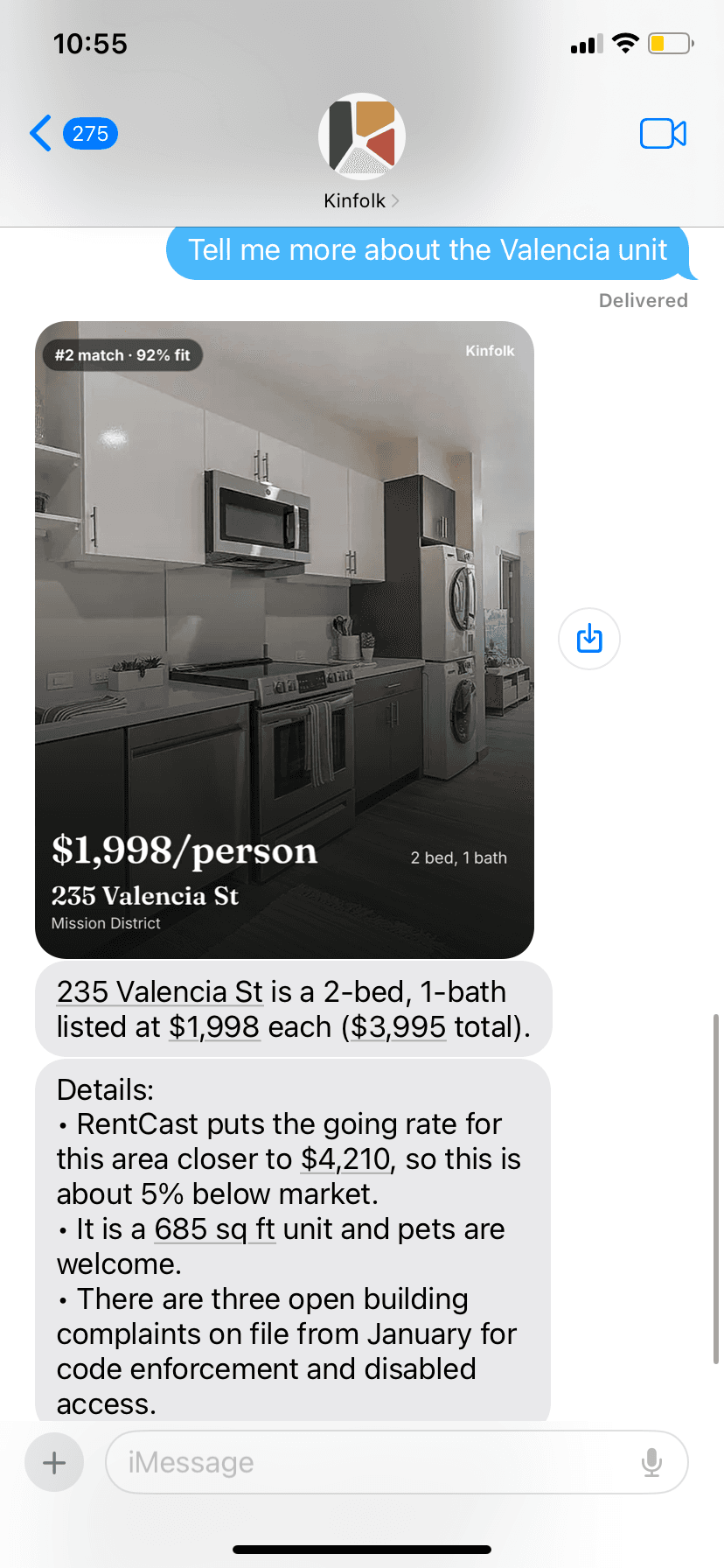 iMessage — deep detail on the Valencia Street unit
